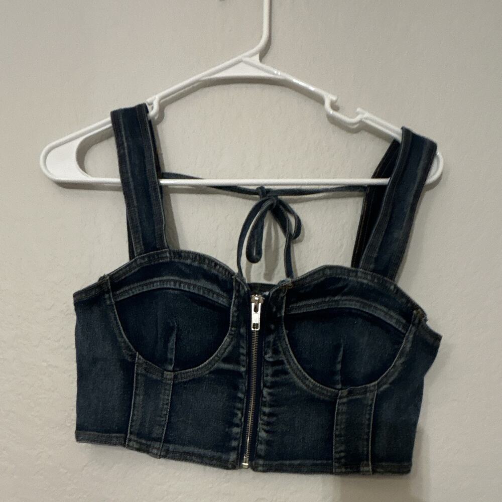 Fashion Nova Denim Corset Bustier Top Demi Cup Back Closure Zip Blue Women M